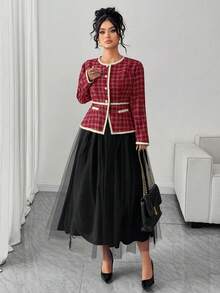 Elenzga Plus Size Women's Elegant Plaid Patchwork Ruffle Jacket And Tulle Pom Pom Princess Skirt 2 Pieces Set,Black And Red Autumn Formal Party Outfits - Multicolor - View 5