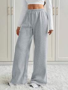 SHEIN Tall 女士休闲前系带腰部宽松运动裤，适合秋冬季日常穿着和返校穿着 - 灰色 - 查看 3
