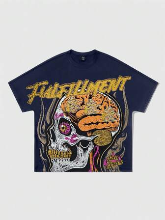 Goth Camiseta de manga corta casual de hombre con estampado de calavera, para verano