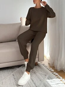 EURMUSE WOMEN SOFT TOUCH SWEATER AND SWEATER PANT TWO PİECE OUTFİT CO-ORDS COOL - Chocolate Brown - View 7