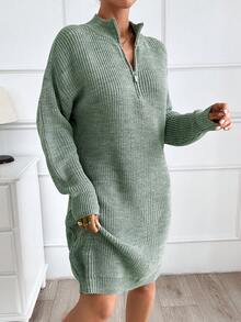 EURMUSE Women Plain Knit Design Knit Dress With Zipper Detail - Mint Green - View 2