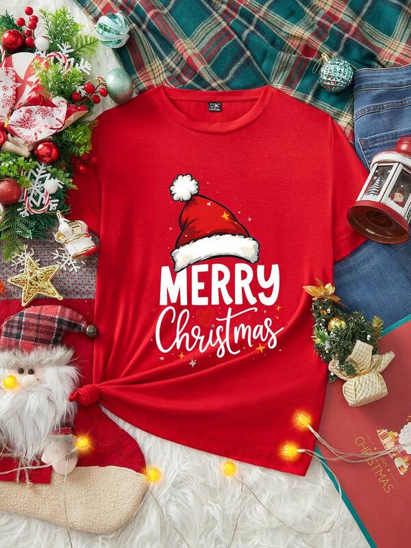 EMERY ROSE Christmas Casual Loose Santa Hat & Merry Christmas Handwritten Letter Graphic Round Neck Short Sleeve Women T-Shirt, Suitable For Christmas, Christmas Party, Family Matching Christmas Shirt Red Graphic Tee Christmas Graphic Shirt Red T Shirt Merry Christmas Shirt/Winter Red