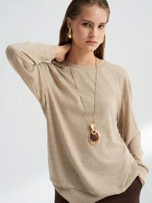 INAWLY Blusa casual de mujer de unicolor, cuello redondo, hombros caídos, manga larga y corte holgado - Caqui - Ver 7