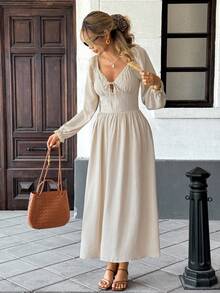 SHEIN Frenchy 女士休闲通勤纯色灯笼袖长连衣裙 - 杏色 - 查看 1