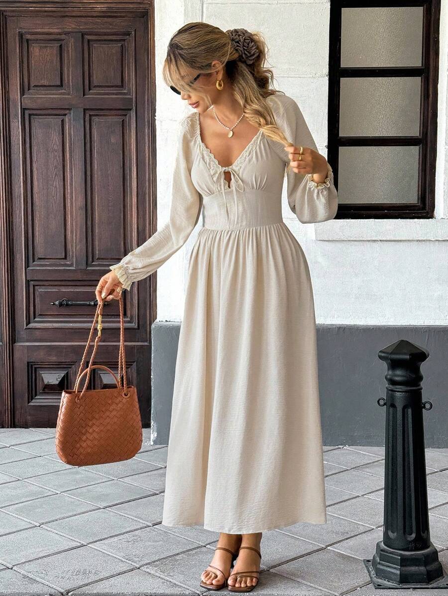 SHEIN Frenchy 女士休闲通勤纯色灯笼袖长连衣裙 - 杏色 - 查看 1