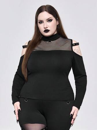 Grunge Punk تي شيرت بأكمام طويلة بتصميم كتف مكشوف من خامة شبكية بطراز بانك جريء وجذاب للمقاسات الكبيرة