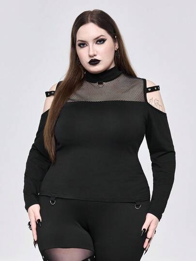 Grunge Punk Camiseta de manga larga con diseño de hombros descubiertos, material de malla y detalles metálicos, talla grande y estilo punk sexy