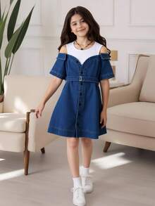 Tween Girls' Casual Color Block Spliced 2 In 1 Dress, Summer - Dark Wash - View 4