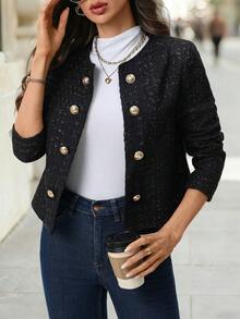 SHEIN Clasi Double Breasted Open Front Jacket In Fall/Winter - Black - View 1