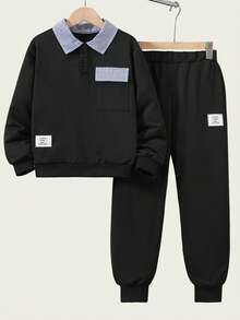 SHEIN Explorewe Set 2 buc. tricou polo și hanorac cu guler albastru cu dungi pentru băieți, potrivit pentru ținute casual în aer liber de toamnă/iarnă - Negru - Vizualizare 1