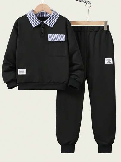 SHEIN Explorewe 2 件套男童蓝色条纹领 Polo 衫和运动衫套装，适合秋冬季户外休闲装