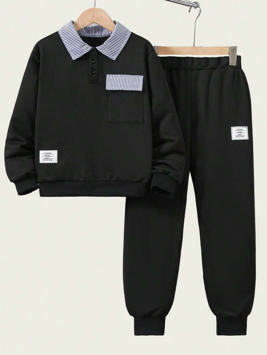 SHEIN Explorewe Set 2 buc. tricou polo și hanorac cu guler albastru cu dungi pentru băieți, potrivit pentru ținute casual în aer liber de toamnă/iarnă - Negru - Vizualizare 1