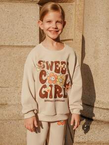 SHEIN Casuvi 儿童女童两件套：花卉字母印花长袖T恤+纯色抽绳休闲运动裤