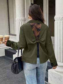 Calvaya Plus Size Elegant Contrast Lace Collared Long Sleeve Shirt, Autumn - Army Green - View 6