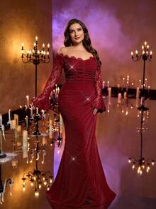 Glamrae Plus Size Elegant Sexy Red Off-The-Shoulder Lace Trim Long Sleeves Sheer Lace Patchwork Ruffle Waist Mermaid Hem Suitable For Wedding Party Celebration Formal Event Dinner Dress (Heavy Embellished Design)
