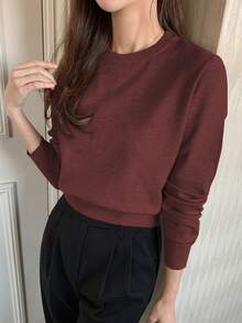 DAZY Áo len cổ tròn tay dài đơn giản, rộng rãi, màu trơn dành cho nữ, mùa thu/đông - Màu Đỏ Sâu - Xem 5
