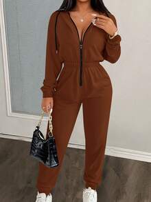 Zolique Women's Casual Sports Style Everyday Commute Contrast Color Drawstring Hooded Zip-Up Jumpsuit, Spring/Autumn - Coffee Brown - View 4