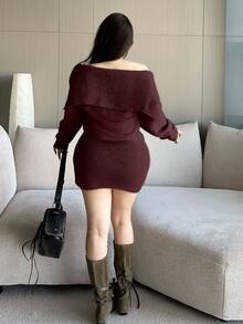 Flirla 加大码女式海军蓝领纽扣前针织保暖毛衣裙，适合秋冬季，返校/通勤装 - 酒紅色 - 查看 2