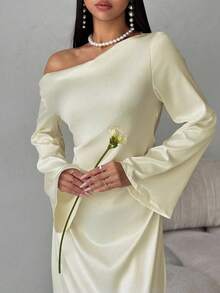 Aloruh Vestido maxi body con de cuello en V, con mangas abullonadas y drapeado, estilo elegante, color rosa, adecuado para el Día de San Valentín