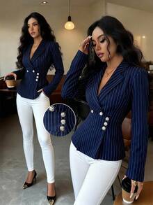 SHEIN Elenzya 女士西装外套，金属扣腰带设计，条纹优雅日常通勤时尚法式街头复古商务长袖西装外套，海军蓝 - 藍色 - 查看 5