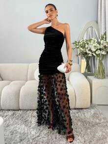 Lavishia Women's Velvet Patchwork Mesh Dress, Suitable For Party, Gathering, Christmas, New Year Sexy Dress Elegant Dresses For Party Sexy Dress Black Dress Luxury Evening Dresses For Women Halloween Winter Clothes,Party Dresses For Women,Party Dresses For Women,Christmas Party Dress - Black - View 5