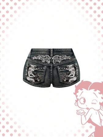 Betty Boop | ROMWE Short en jean vintage femme style punk Y2K taille basse super court avec broderie de pistolet