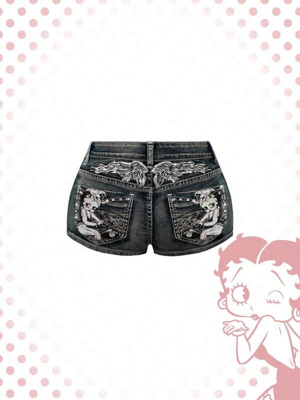 Betty Boop | ROMWE Pantalones cortos de mezclilla con bordado de pistola de cintura baja estilo vintage Y2K punk para mujer