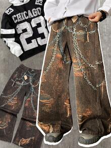 SHEIN 青少年男孩时尚休闲 Y2K 复古酷炫街头风回归校园学院风基本款简约舒适街头混搭酷炫链条哥特图案宽松牛仔裤，适合日常穿着、秋冬季节以及锐舞音乐节和街头服饰。 - 彩色 - 查看 7