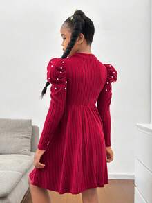 SHEIN Tween Girls Pearl Knit Ribbed Waist Dress With Puff Sleeves, Cute & Elegant Holiday Dress - Burgundy - View 2