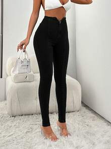 EURMUSE Jeansy damskie Petite 97% bawełny, z wysokim stanem i wąskim krojem, z rozcięciem