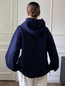 DAZY Sudadera de felpa para mujer de otoño/invierno con decoración de perlas 3D, sudadera holgada casual de estilo urbano con capucha para la escuela - Azul Marino - Ver 4