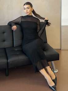 Andrea Bello 1 pieza Vestido de punto transparente de manga larga para vacaciones - Negro - Ver 1