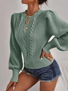Cloudara Twisted Knit Round Neck Lantern Sleeve Pullover Sweater - Cadet Blue - View 4