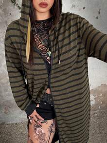 Whyspr 大码朋克风格条纹印花长袖连帽运动衫 - 軍綠色 - 查看 5