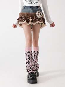 ROMWE Goth 1 Pair Pink Leopard Print Knit Leg Warmers, Y2K Chic Minimalist Wild Style, Suitable For Commuting, School, Shopping, Parties, Halloween, Christmas And Other Occasions, Autumn/Winter