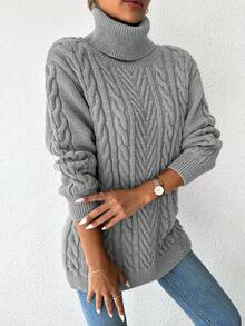 EURMUSE Turtleneck Cable Knit Drop Shoulder Sweater - Light Grey - View 5