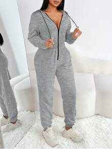 VaVaBold Casual Drawstring Hooded Jumpsuit, Autumn - Light Grey - View 5