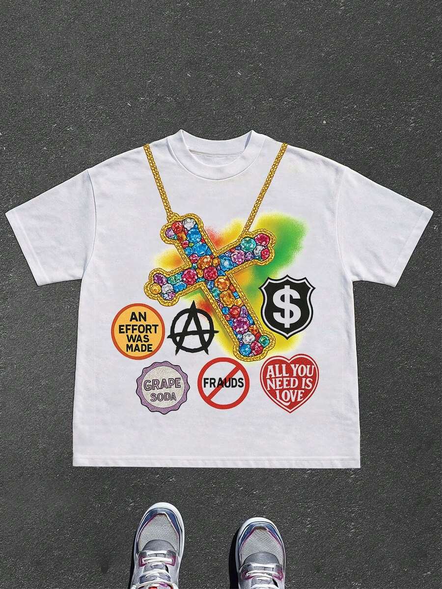 Manfinity Dauomo 男士十字徽章图案圆领 T 恤 - 白色 - 查看 1