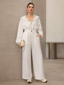 Mulvari 2pcs Women's Fashion Hooded Zipper Jacquard Slim Sweatshirt And Wide Leg Pants Set, Autumn - White - View 4