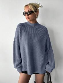 EURMUSE Stand Collar Drop Shoulder Long Sleeve Women's Sweater With Front Short Back Long Design - Grey - View 3