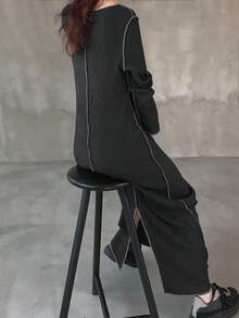 FRIFUL 女士圆领长袖撞色直筒宽松休闲长连衣裙，秋季连衣裙 - 灰色 - 查看 5