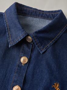 SHEIN MOD Women's Casual Everyday Commute Embroidered Flare Sleeve Button-Up Fitted Denim Blouse, Spring/Autumn Western Stylish Denim Peplum Blouses With Flared Sleeves And Gold Detail, Winter Christmas New Year Thanksgiving Elegant Party - Dark Wash - View 6