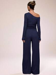 SHEIN BAE 1 Set Solid Color Asymmetric Collar Long Sleeve Top And Pants Suit - Navy Blue - View 2