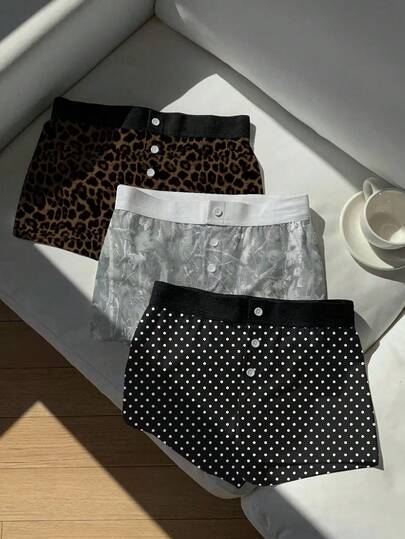 Comfortcana 女式波尔卡圆点+豹纹+图案印花前扣休闲短裤