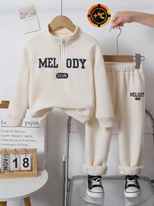 Girls Stand Collar Half Zip Printed Straight Leg Pants, Retro Sports Set, Autumn/Winter - Beige - View 1