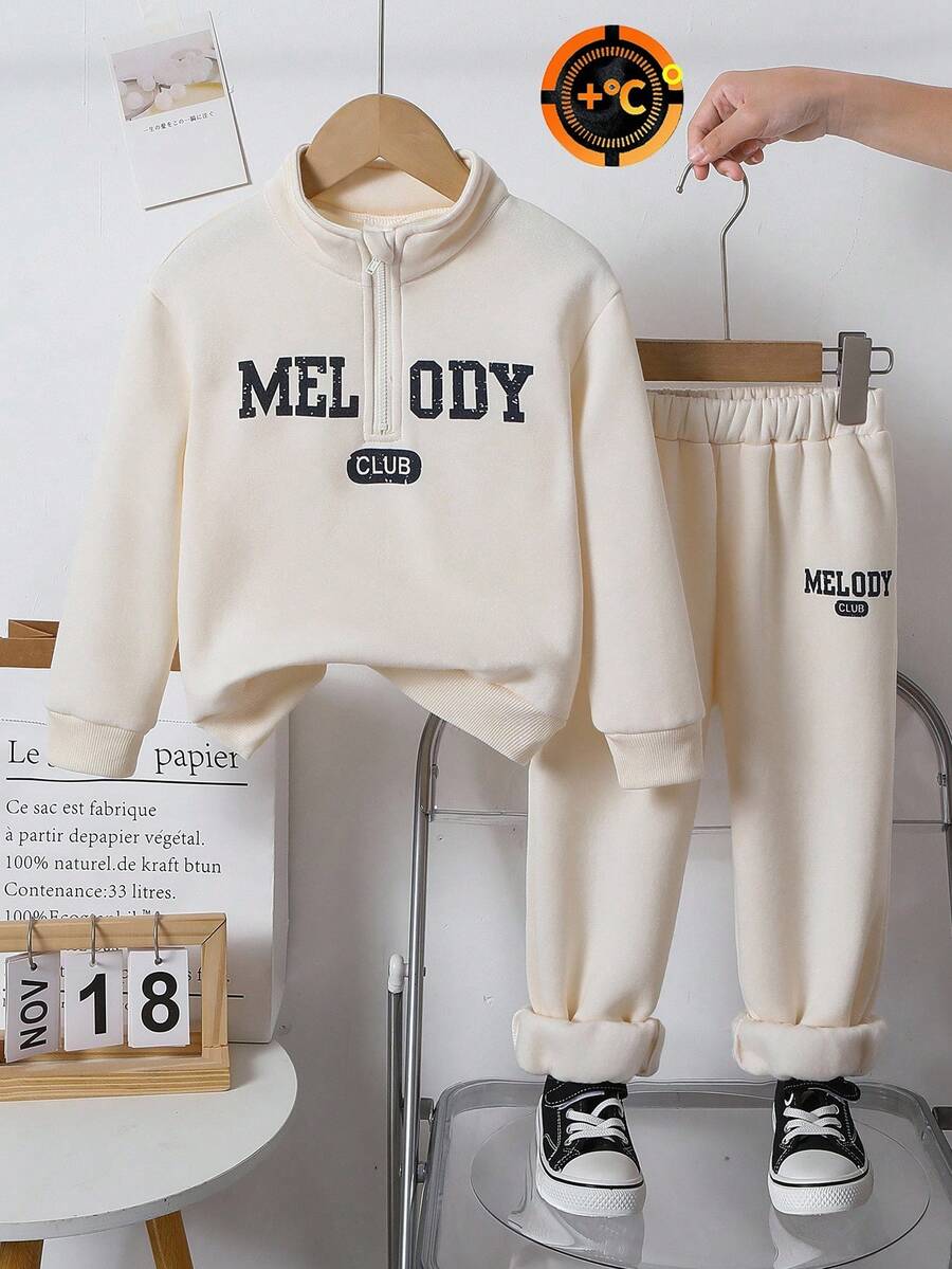 Girls Stand Collar Half Zip Printed Straight Leg Pants, Retro Sports Set, Autumn/Winter - Beige - View 1