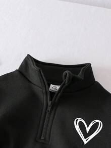 SHEIN 2件套年轻女孩时尚休闲街头风格运动字母刺绣连帽衫和运动裤套装 - 黑色 - 查看 5