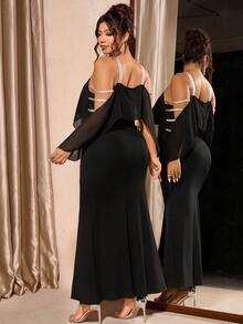 Cravure Plus Size Women's Off-Shoulder Cinched Waist French Luxury Elegant Party Vacation Romantic Dress - Black - View 2