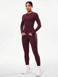SHEIN Sports 女士无缝运动套装，专业户外健身夹克，紧身修身瑜伽服，适合秋季户外跑步、瑜伽、普拉提和健身房锻炼 - Bold Plum - 查看 6