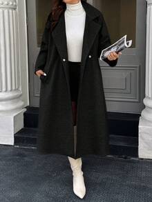Easura Plus Size Solid Color Overcoat, Autumn/Winter - Black - View 4